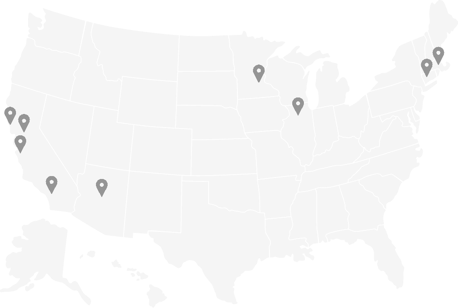 Map of the United States with pins marking Memorial Forest locations.